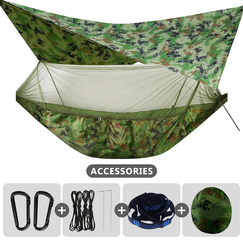 Camping Hammock With Mosquito Net and Rain Fly Portable Double Hammock With Bug Net and Tent Tarp Tree Straps for Travel Camping