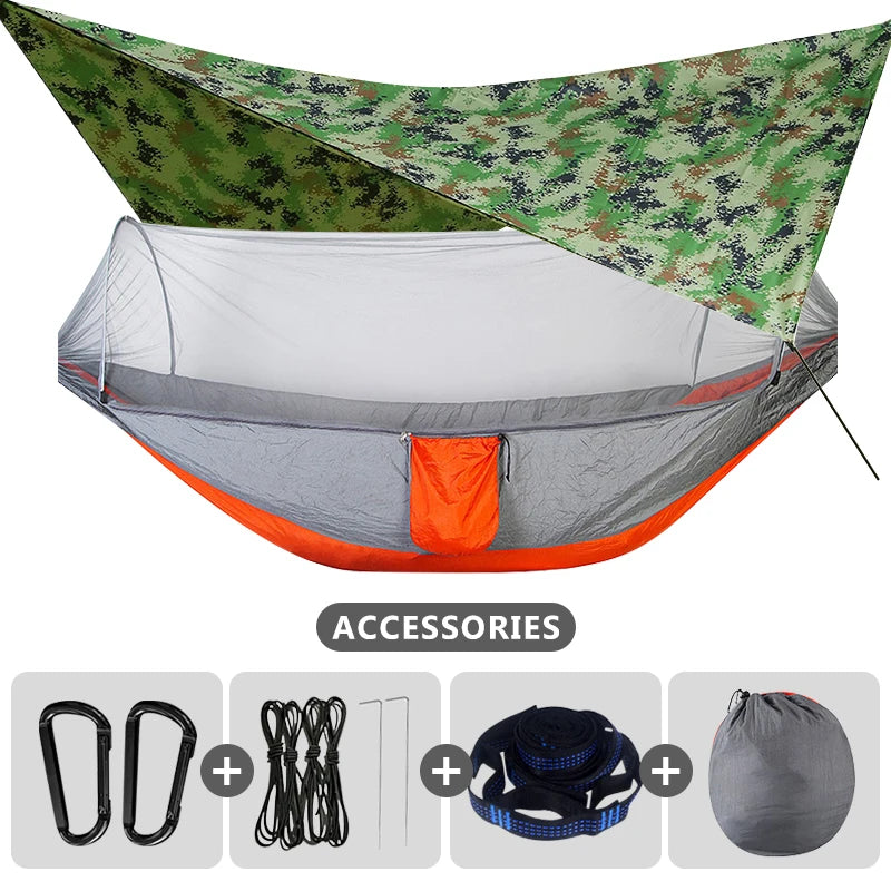 Camping Hammock With Mosquito Net and Rain Fly Portable Double Hammock With Bug Net and Tent Tarp Tree Straps for Travel Camping