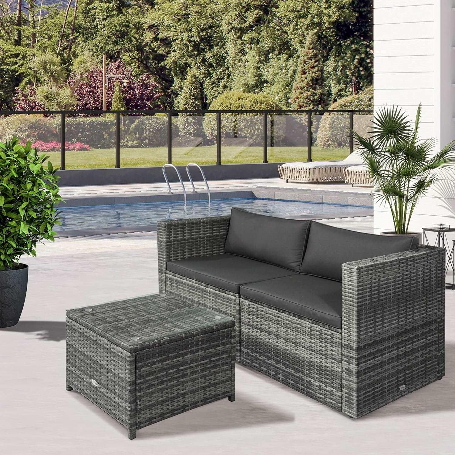 3-Piece Patio Furniture Set - Gray PE Rattan Wicker Sofa and Coffee Table - Furniture4Design