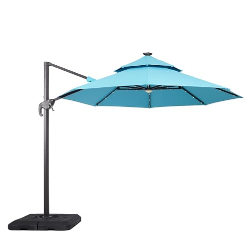 Furniture of America Vauren 10 ft Outdoor Patio Umbrella, LED Light, UV-resistant, Tilt, Crank, Double Canopy, Solar Panel for Yard, Porch, Pool, Deck, Garden, Grey