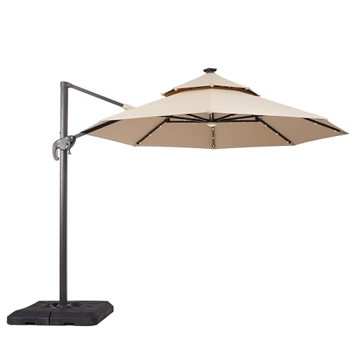 Furniture of America Vauren 10 ft Outdoor Patio Umbrella, LED Light, UV-resistant, Tilt, Crank, Double Canopy, Solar Panel for Yard, Porch, Pool, Deck, Garden, Grey