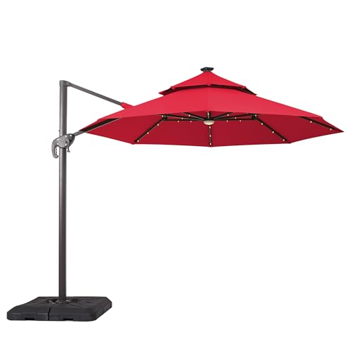 Furniture of America Vauren 10 ft Outdoor Patio Umbrella, LED Light, UV-resistant, Tilt, Crank, Double Canopy, Solar Panel for Yard, Porch, Pool, Deck, Garden, Grey