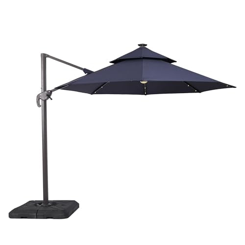 Furniture of America Vauren 10 ft Outdoor Patio Umbrella, LED Light, UV-resistant, Tilt, Crank, Double Canopy, Solar Panel for Yard, Porch, Pool, Deck, Garden, Grey