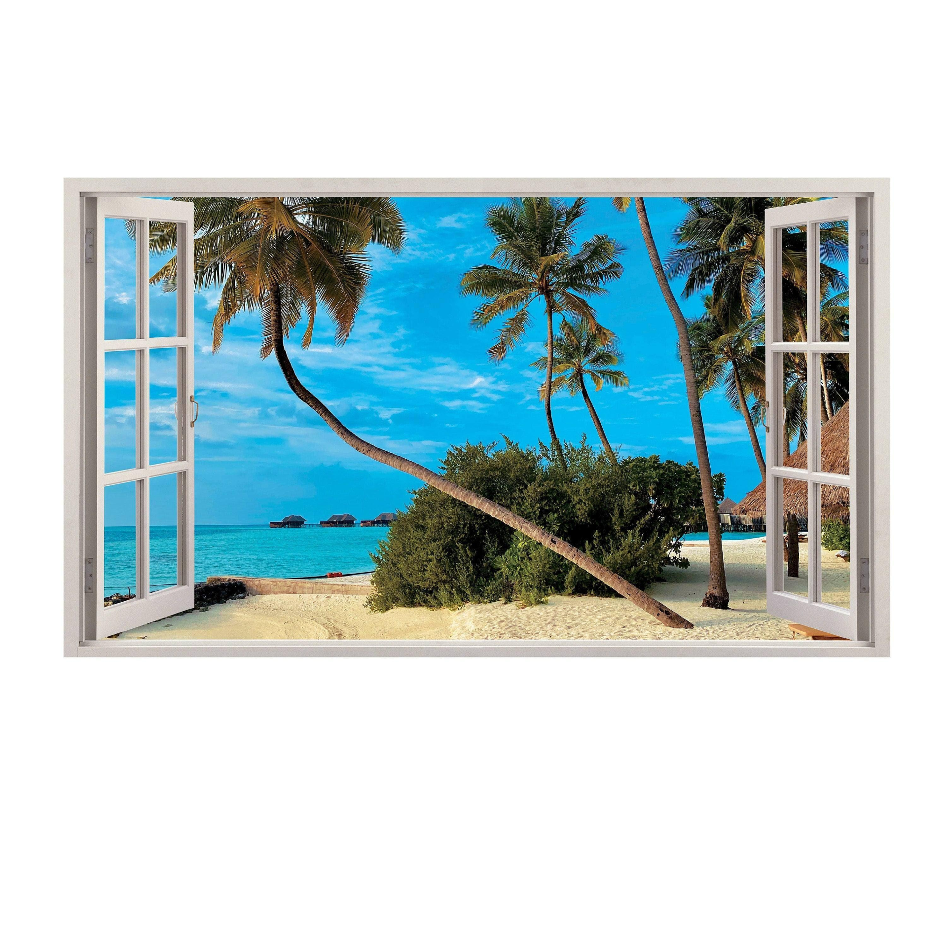 Tropical Paradise 3D Wall Decal, Beach Scenery Window Sticker, Vinyl Wall Art