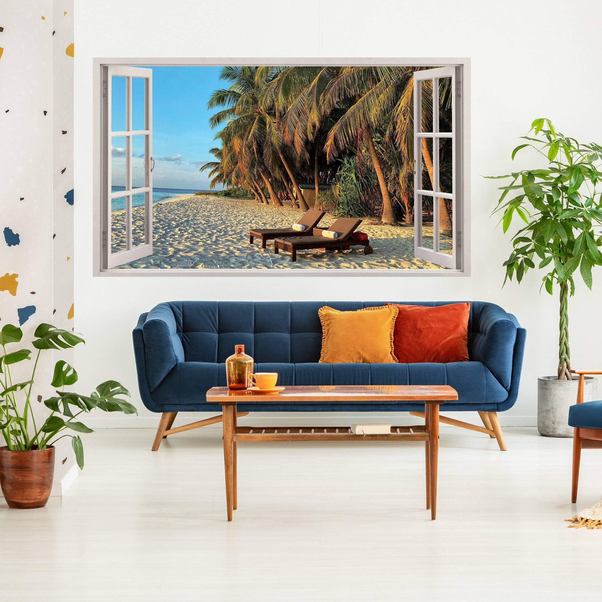 Tropical Paradise 3D Wall Decal, Beach Scenery Window Sticker, Vinyl Wall Art