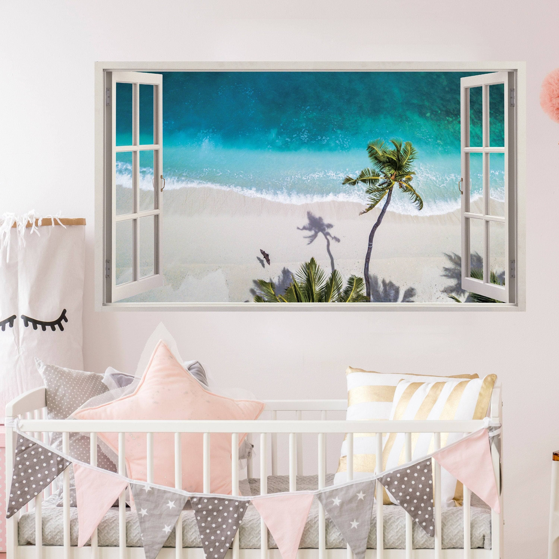 Tropical Paradise 3D Wall Decal, Beach Scenery Window Sticker, Vinyl Wall Art