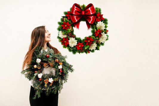 Floral Green Wreath Wall Decal with Red Bow - Christmas Decor Sticker