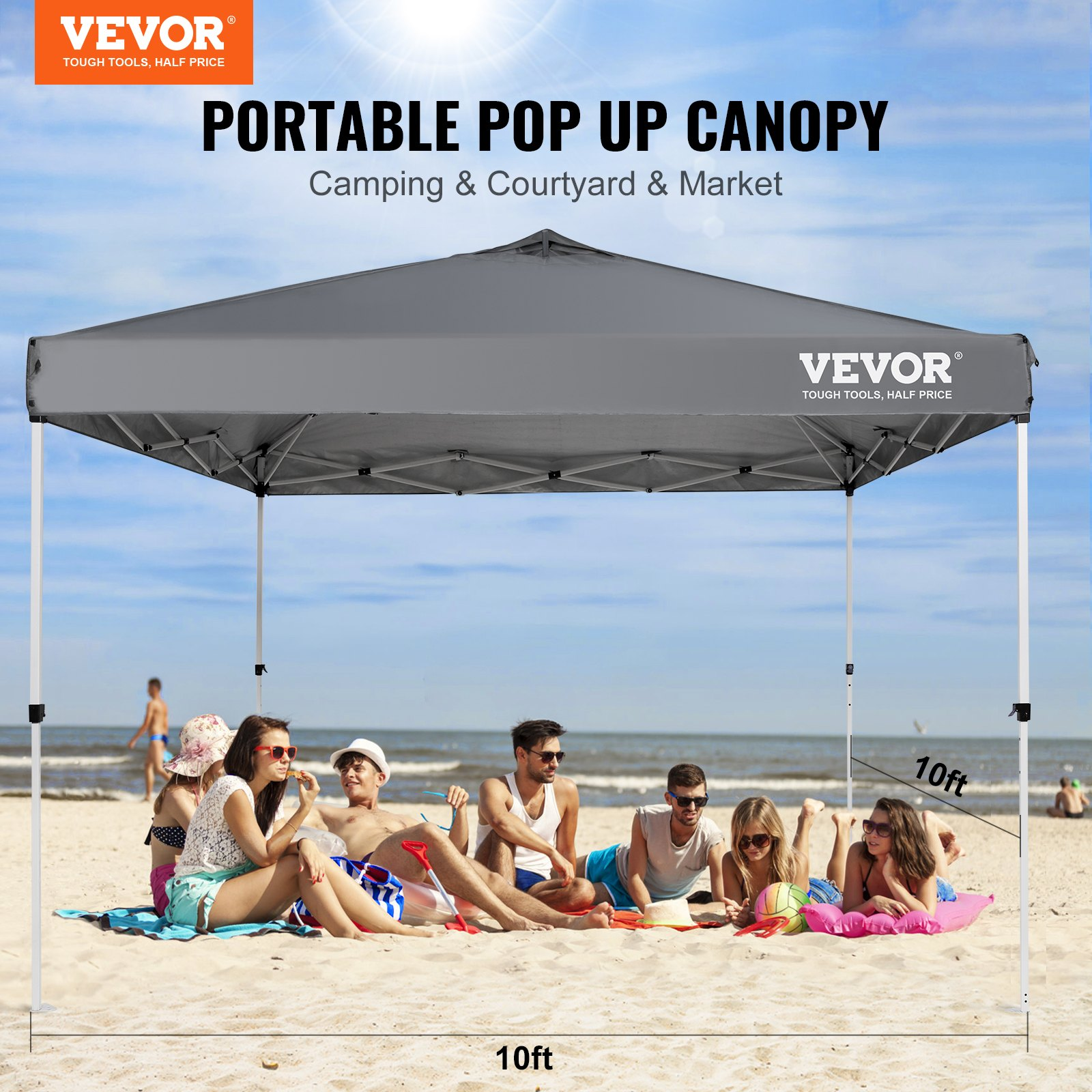 VEVOR Pop Up Canopy Tent, 10 x 10 ft, 250 D PU Silver Coated Tarp, with Portable Roller Bag and 4 Sandbags, Waterproof and Sun Shelter Gazebo for Outdoor Party, Camping, Commercial Events, Dark Gray