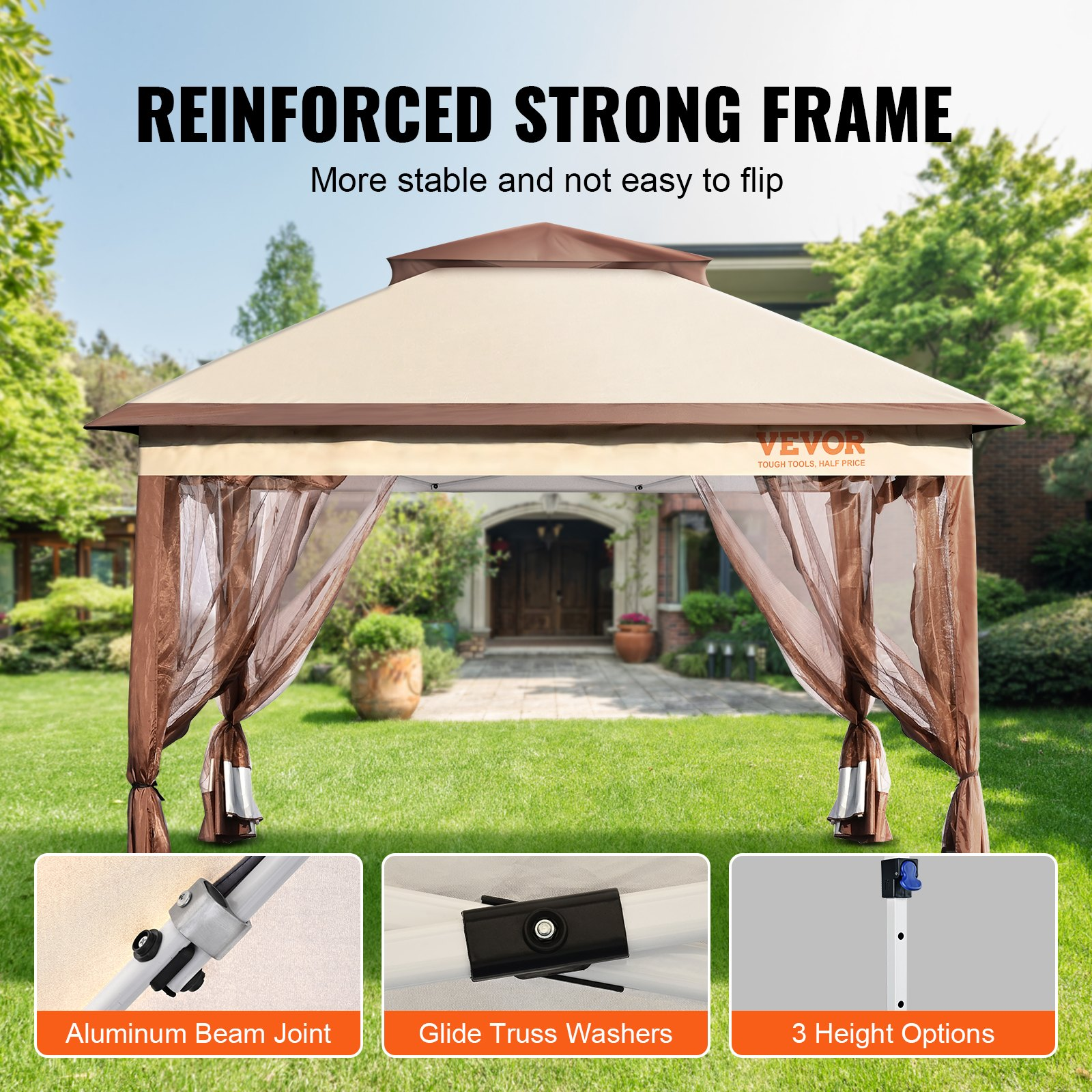 VEVOR Patio Gazebo, 11 x 11 FT Pop up Gazebo for 8-10 Person, with Mosquito Netting, Metal Frame, and PU Coated 250D Oxford Cloth, Outdoor Canopy Shelter for Patio, Backyard, Lawn, Garden, Deck