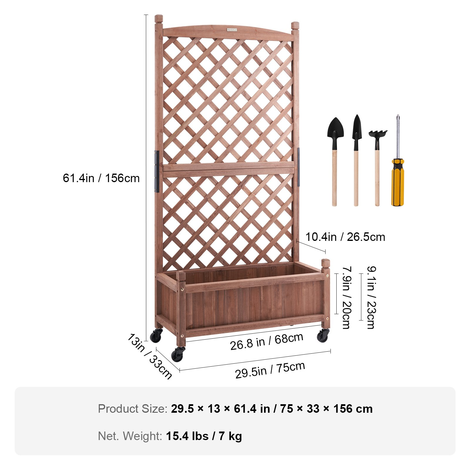 VEVOR Raised Garden Bed with Trellis, 30" x 13" x 61.4" Outdoor Raised Wood Planters with Drainage Holes, Free-Standing Trellis Planter Box for Vine Climbing Plants Flowers in Garden, Patio, Balcony