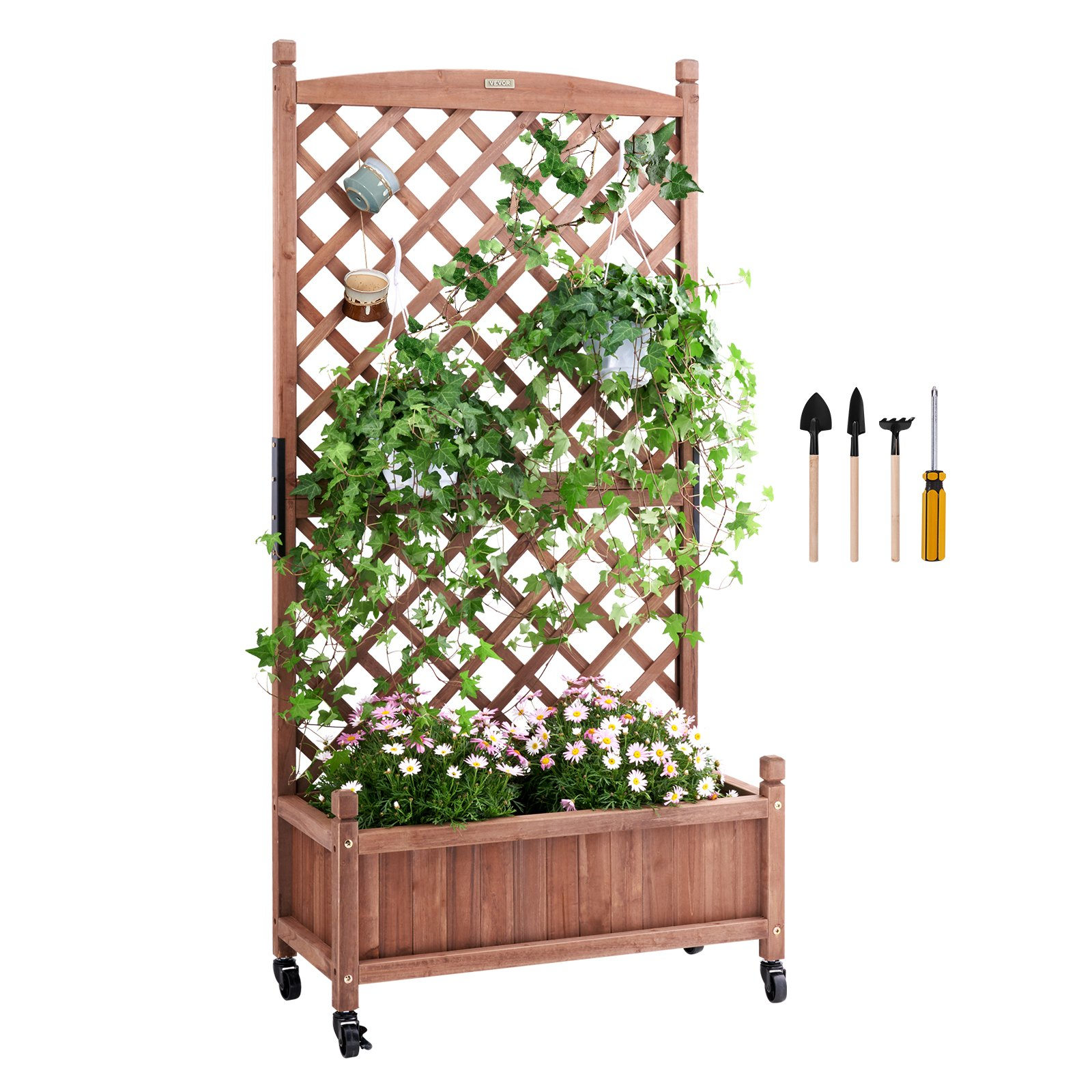 VEVOR Raised Garden Bed with Trellis, 30" x 13" x 61.4" Outdoor Raised Wood Planters with Drainage Holes, Free-Standing Trellis Planter Box for Vine Climbing Plants Flowers in Garden, Patio, Balcony