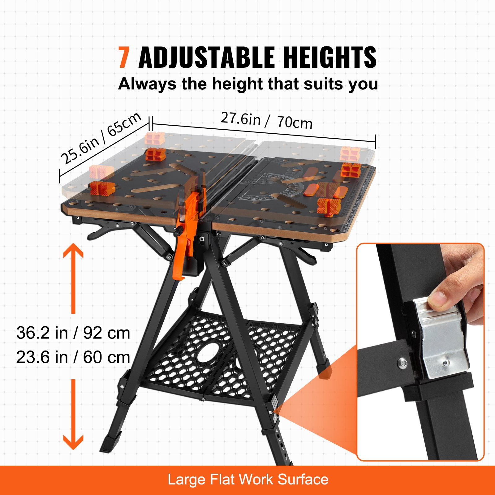 VEVOR Folding Work Table, 2-in-1 as Sawhorse & Workbench, 1000 lbs Capacity, 7 Adjustable Heights, Steel Legs, Portable Foldable Tool Stand with Wood Clamp, 4 Bench Dogs, 2 Hooks, Easy Garage Storage