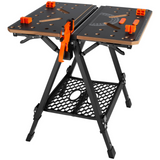 VEVOR Folding Work Table, 2-in-1 as Sawhorse & Workbench, 1000 lbs Capacity, 7 Adjustable Heights, Steel Legs, Portable Foldable Tool Stand with Wood Clamp, 4 Bench Dogs, 2 Hooks, Easy Garage Storage