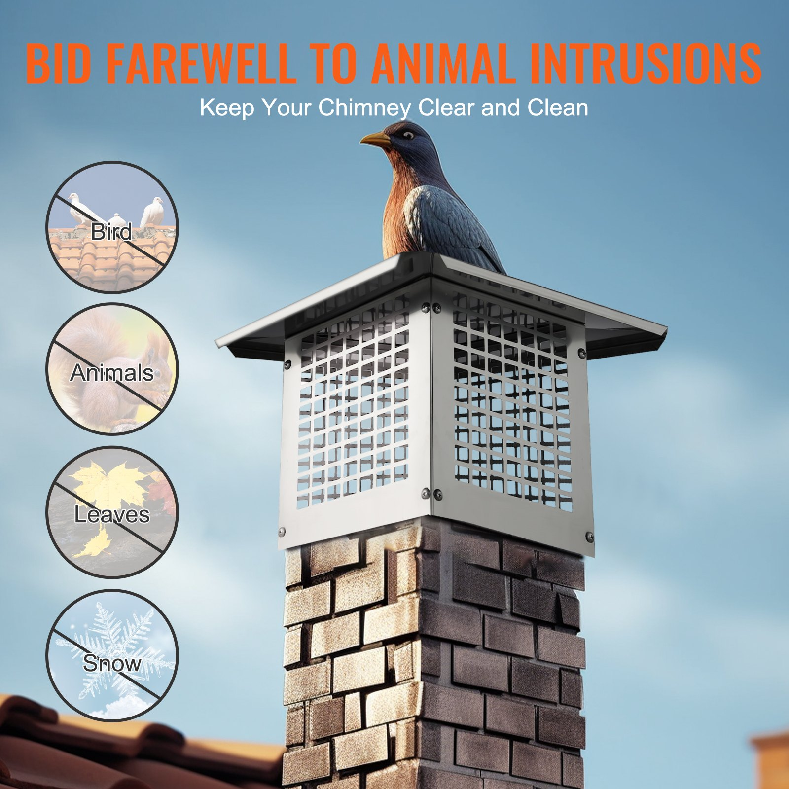 VEVOR Chimney Cap, 9 x 9 inch, 304 Stainless Steel Fireplace Chimney Cover, Not Easily Toppled & Practical Accessories & Easy Installation, Fits Mesh Flue Covers Outside Clay Flue Shingles, Silver