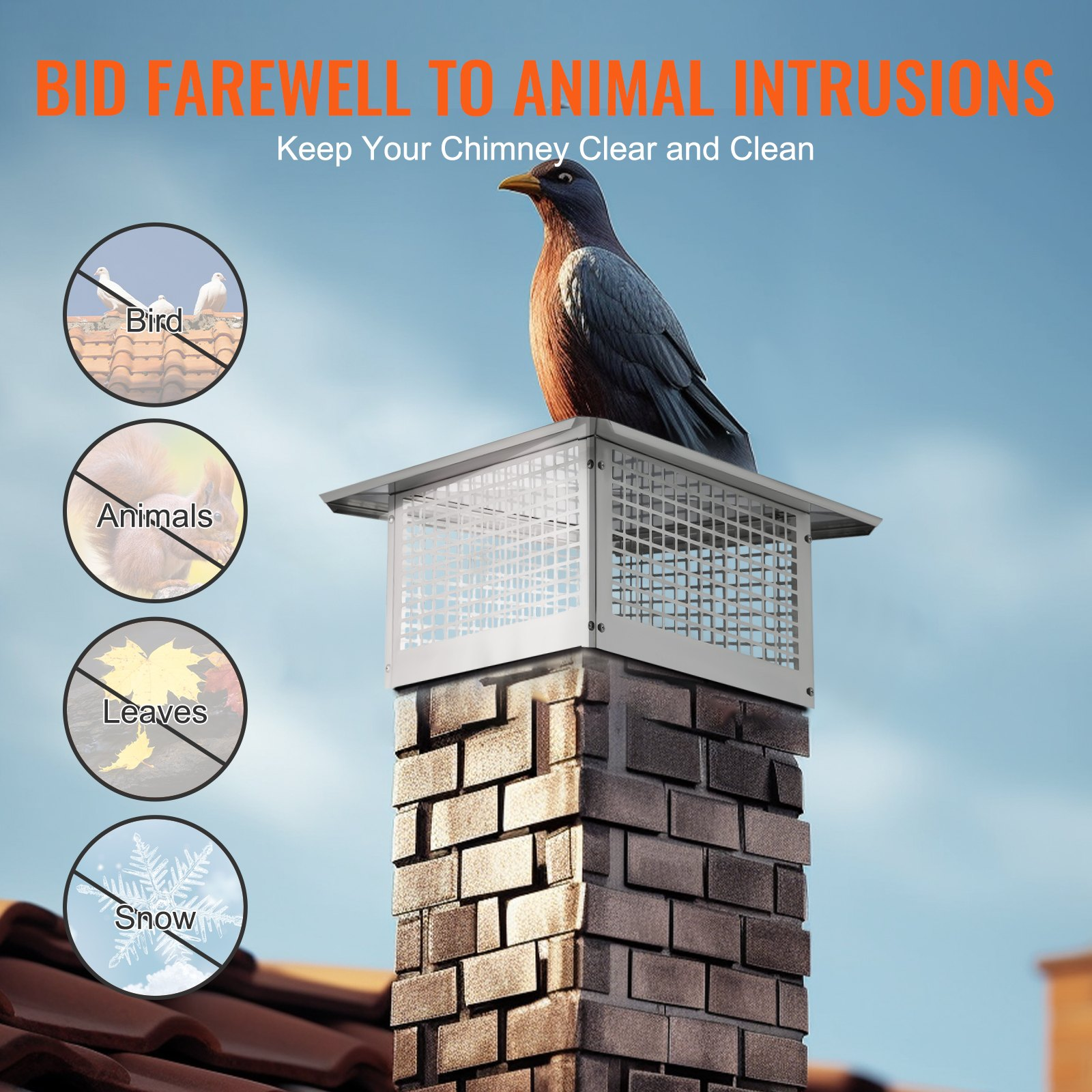 VEVOR Chimney Cap, 17 x 17 inch, 304 Stainless Steel Fireplace Chimney Cover, Not Easily Toppled & Practical Accessories & Easy Installation, Fits Mesh Flue Covers Outside Clay Flue Shingles, Silver