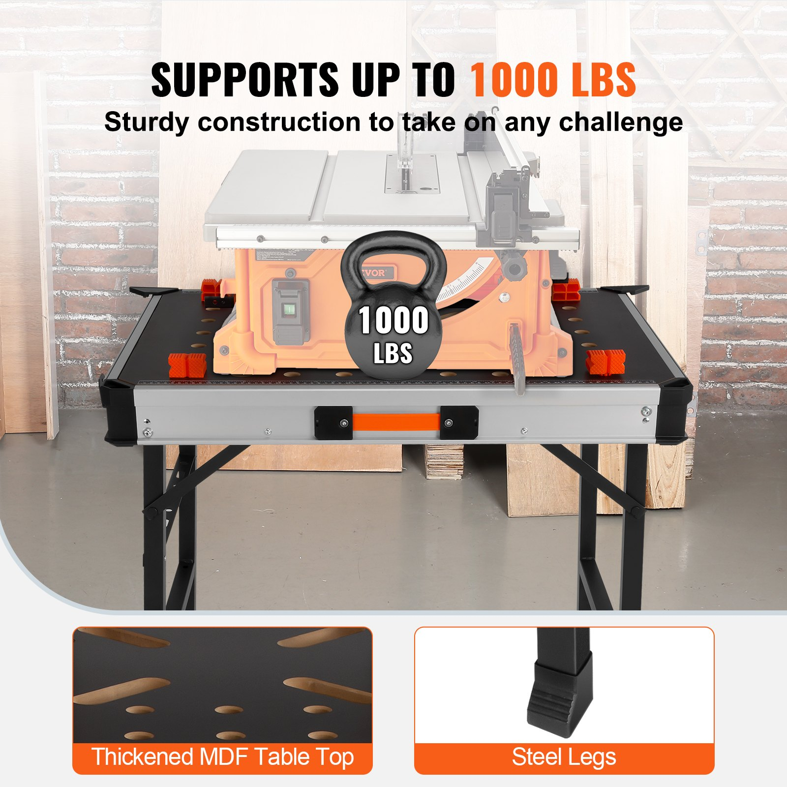 VEVOR Folding Work Table, 2-in-1 as Sawhorse & Workbench, 1000 lbs Load Capacity, Steel Legs, Portable Foldable Tool Stand with 2 Wood Clamps, 4 Bench Dogs, 3 Tool Boxes, 2 Hooks, Easy Garage Storage