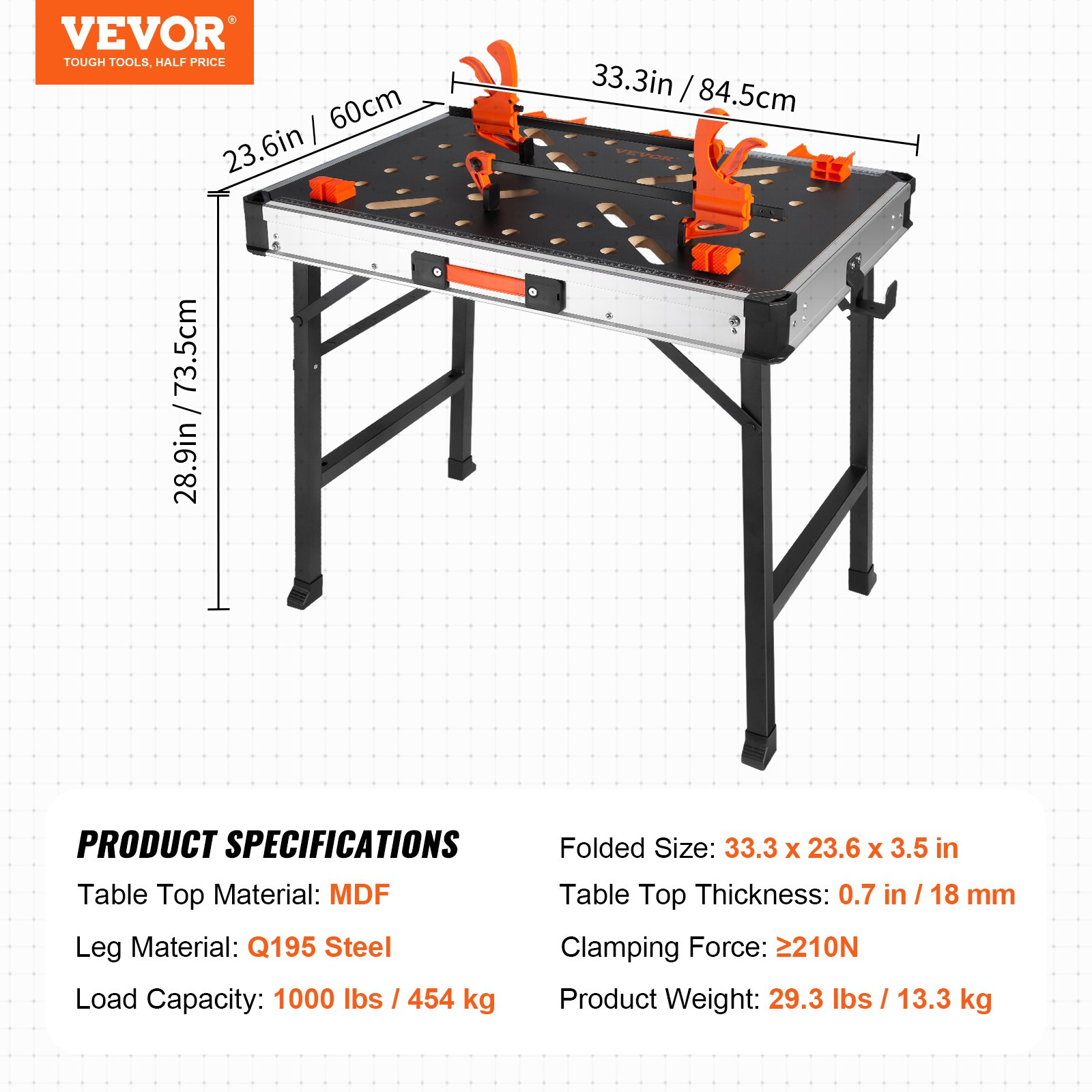 VEVOR Folding Work Table, 2-in-1 as Sawhorse & Workbench, 1000 lbs Load Capacity, Steel Legs, Portable Foldable Tool Stand with 2 Wood Clamps, 4 Bench Dogs, 3 Tool Boxes, 2 Hooks, Easy Garage Storage