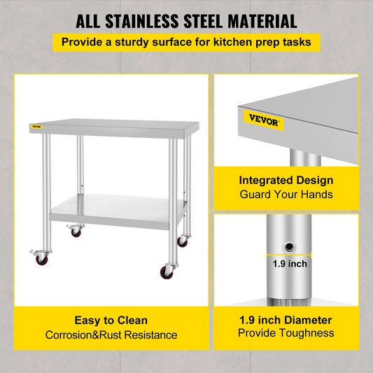 VEVOR 30x36x34 Inch Stainless Steel Work Table 3-Stage Adjustable Shelf with 4 Wheels Heavy Duty Commercial Food Prep Worktable with Brake for Kitchen Prep Work