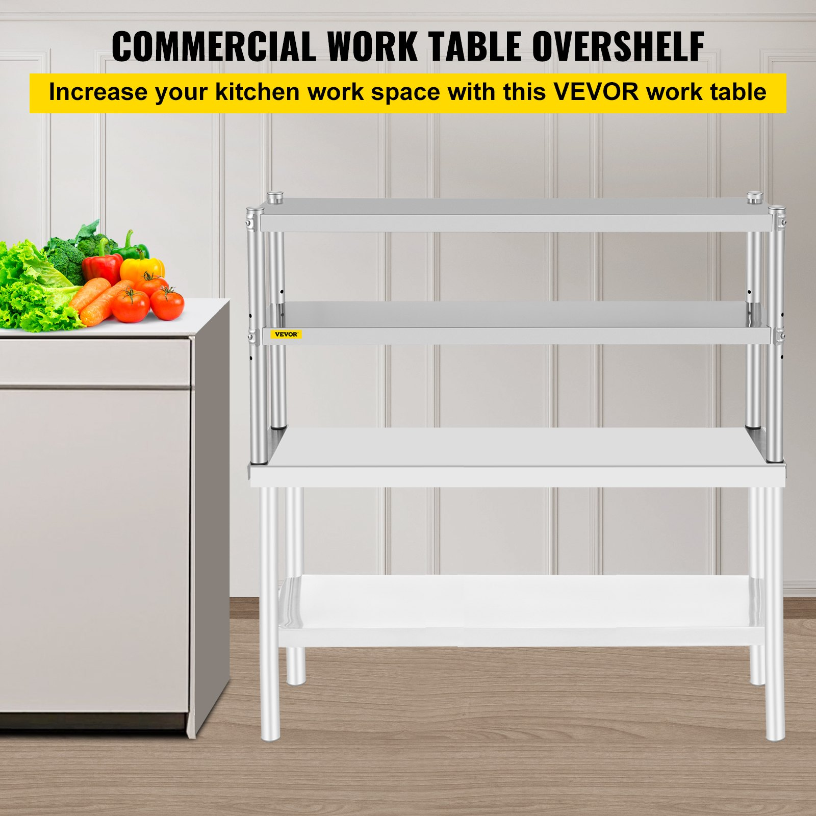 VEVOR Double Overshelf, Double Tier Stainless Steel Overshelf, 48 x 12 x 24 in Double Deck Overshelf, Height Adjustable Overshelf for Prep & Work Table in Kitchen, Restaurant