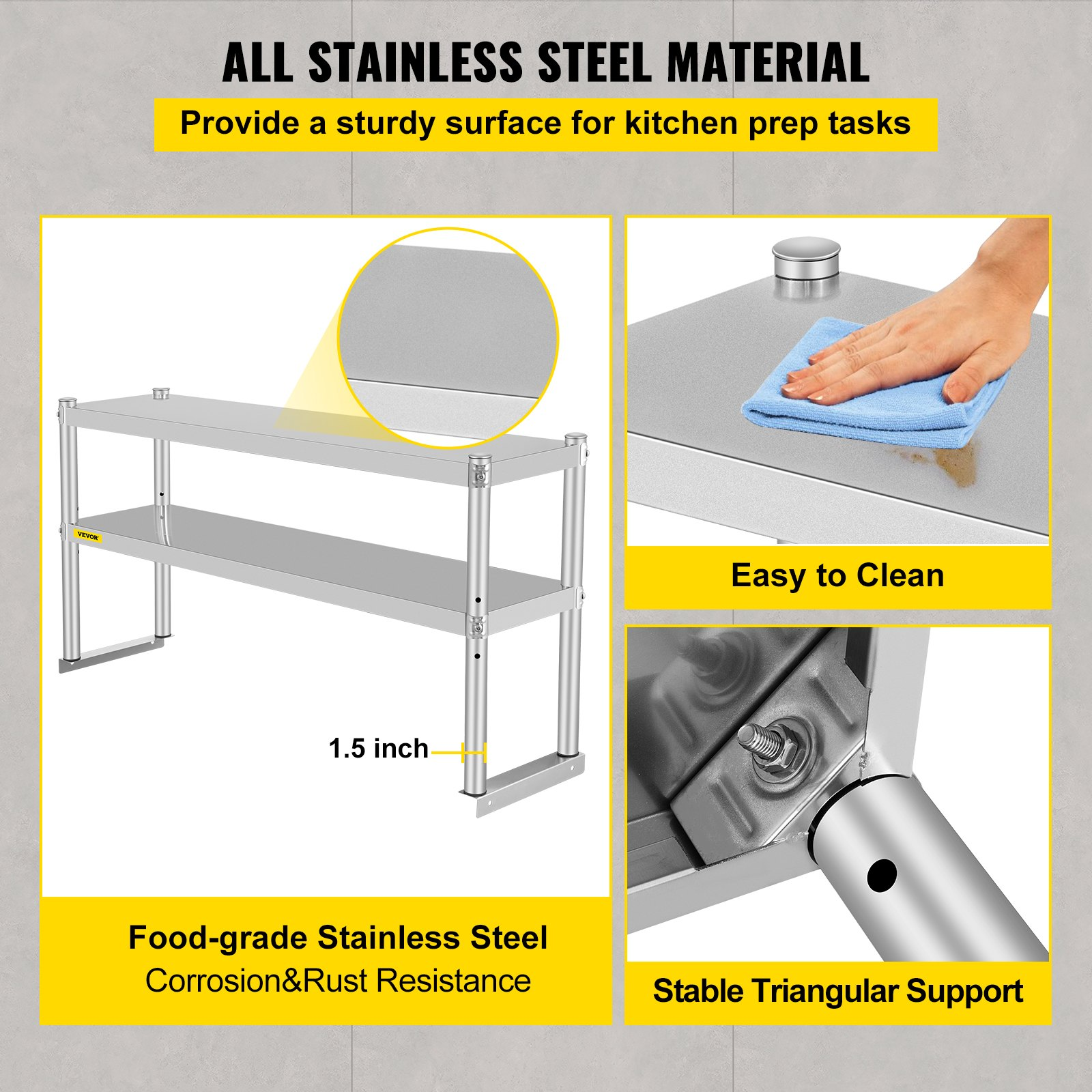 VEVOR Double Overshelf, Double Tier Stainless Steel Overshelf, 48 x 12 x 24 in Double Deck Overshelf, Height Adjustable Overshelf for Prep & Work Table in Kitchen, Restaurant