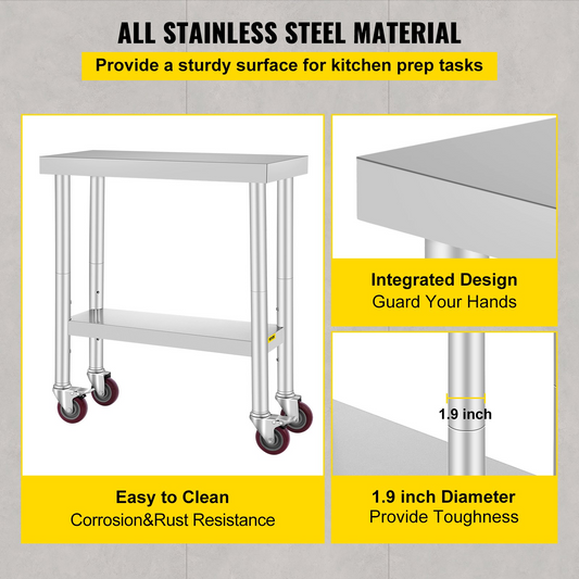 VEVOR 30x12x34 Inch Stainless Steel Work Table 3-Stage Adjustable Shelf with 4 Wheels Heavy Duty Commercial Food Prep Worktable with Brake for Kitchen Prep Work