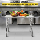 VEVOR Commercial Worktable Workstation 48 x 24 Inch Folding Commercial Prep Table, Heavy-duty Stainless Steel Folding Table with 661 lbs Load, Kitchen Work Table, Silver Stainless Steel Kitchen Island