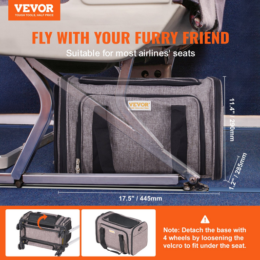 VEVOR Cat Carrier with Wheels, Airline Approved Rolling Pet Carrier with Telescopic Handle and Shoulder Strap, Dog Carrier with Wheels for Pets under 25 lbs, with 1 Folding Bowl, Grey