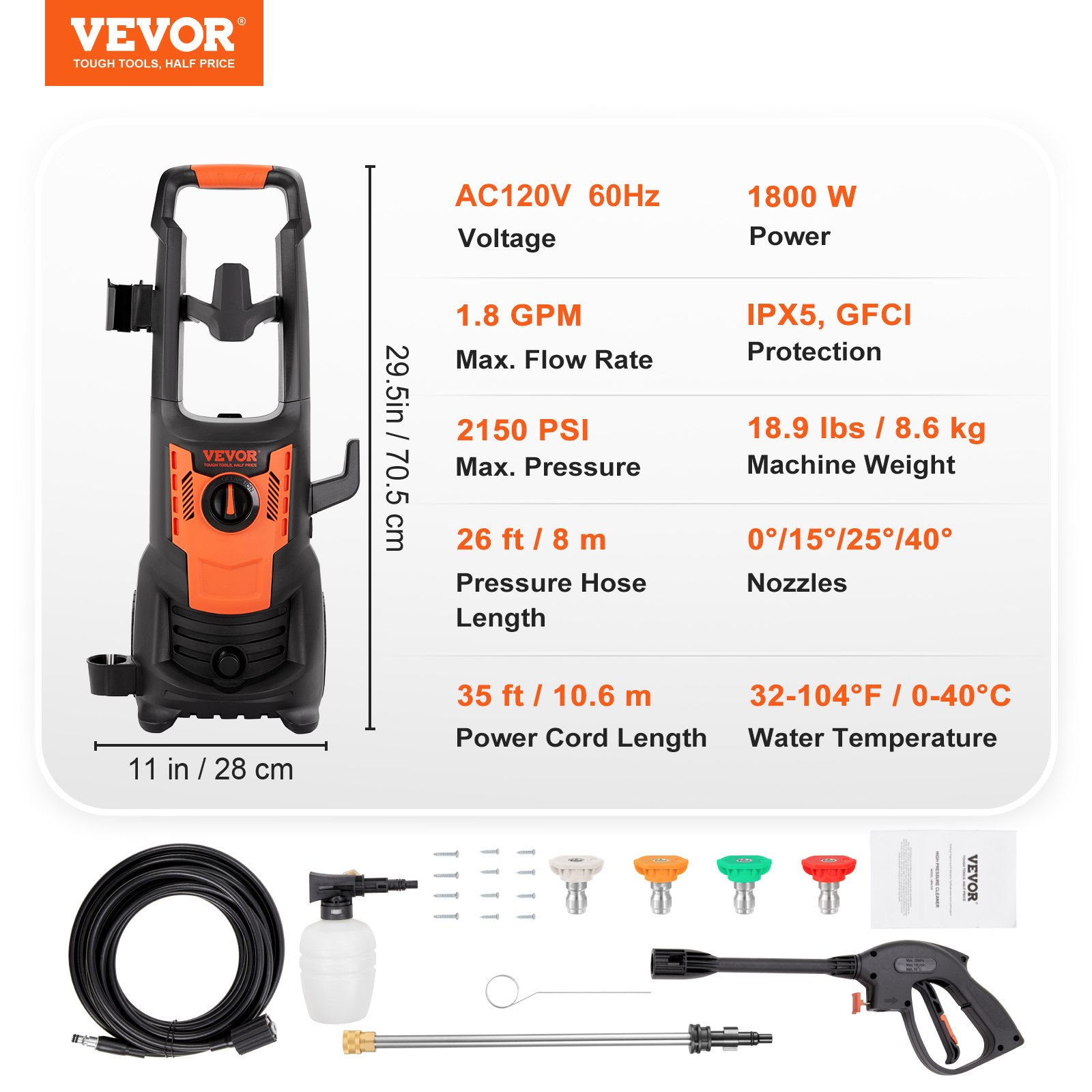 VEVOR Electric Pressure Washer, 2150 PSI, Max. 1.8 GPM, 1800W Power Washer w/ 26 ft Hose, 4 Quick Connect Nozzles, Foam Cannon, Portable to Clean Patios, Cars, Fences, Driveways