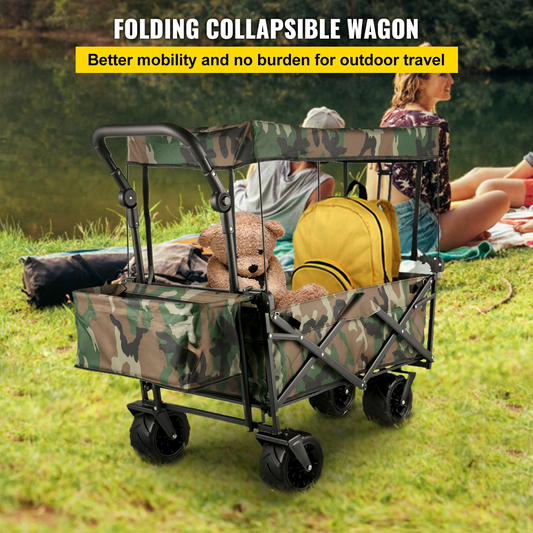 VEVOR Collapsible Folding Wagon with Removable Canopy, Heavy Duty Foldable Wagon Utility Cart for Garden, Camping, Grocery Cart, Beach Wagon Cart with Wheels and Rear Storage, Camouflage