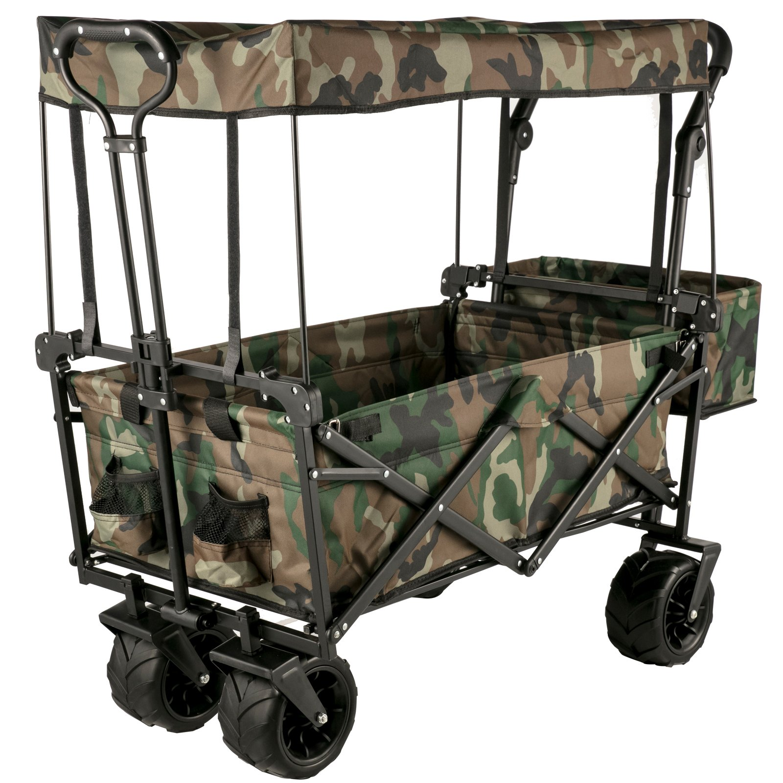 VEVOR Collapsible Folding Wagon with Removable Canopy, Heavy Duty Foldable Wagon Utility Cart for Garden, Camping, Grocery Cart, Beach Wagon Cart with Wheels and Rear Storage, Camouflage