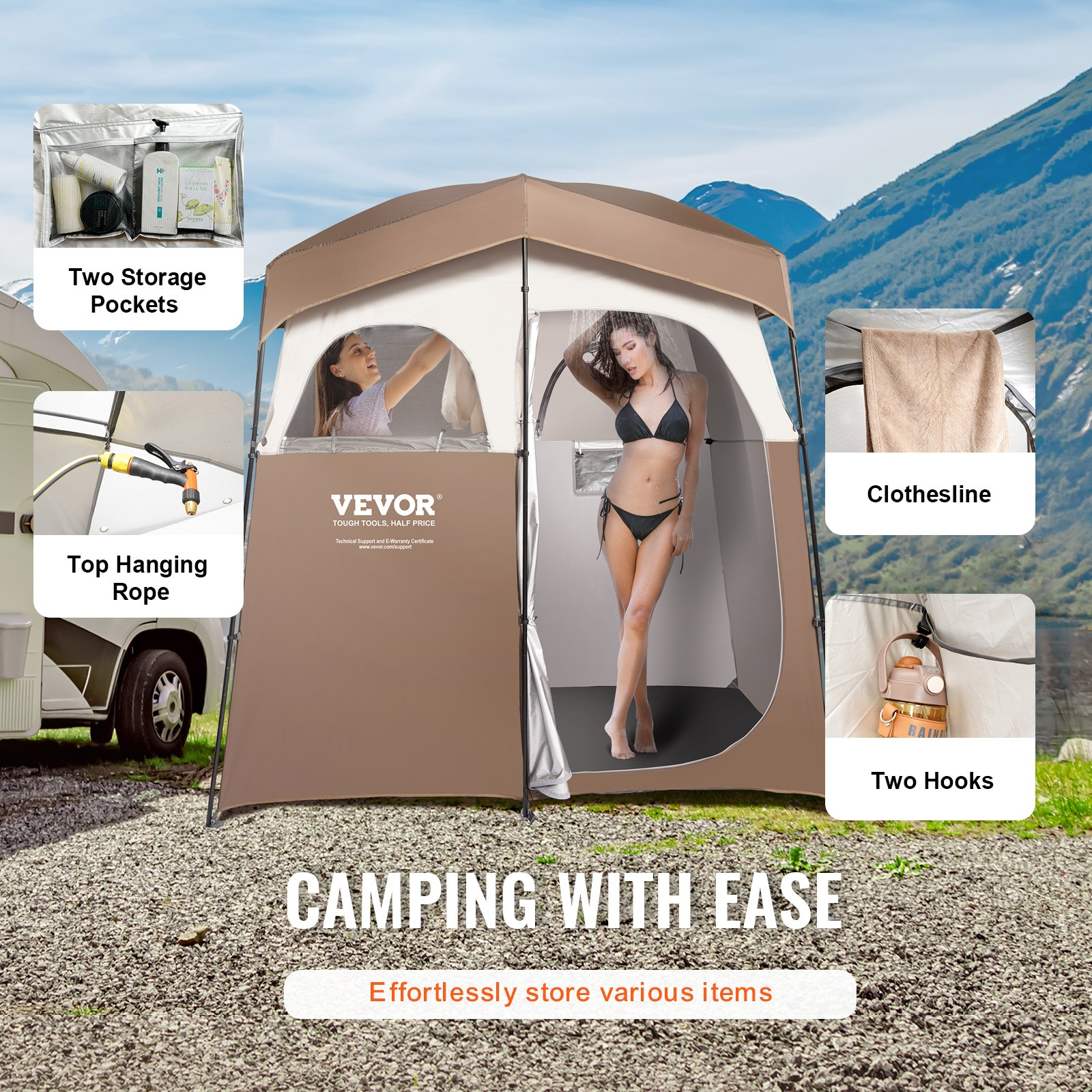 VEVOR Camping Shower Tent, 83" x 42" x 83" 2 Rooms Oversize Outdoor Portable Shelter, Privacy Tent with Detachable Top, Pockets, Hanging Rope and Clothesline, for Dressing, Changing, Toilet, Bathroom