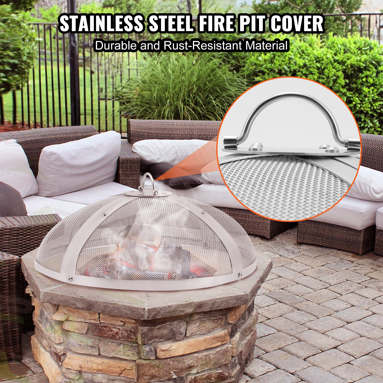 VEVOR Fire Pit Spark Screen Round 27", Reinforced Heavy Duty Steel Metal Cover, Outdoor Firepit Lid, Easy-Opening Top Screen Covers Round with Ring Handle for Outdoor Patio Fire Pits Backyard