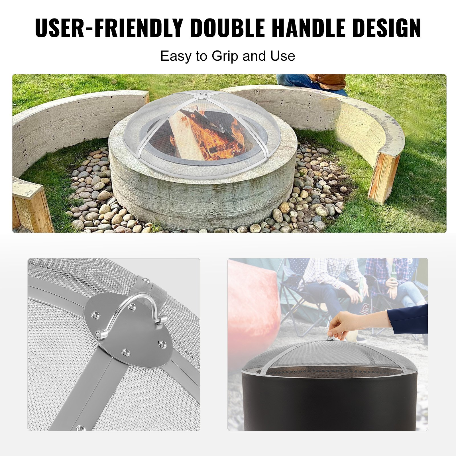 VEVOR Fire Pit Spark Screen Round 36", Reinforced Heavy Duty Steel Metal Cover, Outdoor Firepit Lid, Easy-Opening Top Screen Covers Round with Ring Handle for Outdoor Patio Fire Pits Backyard