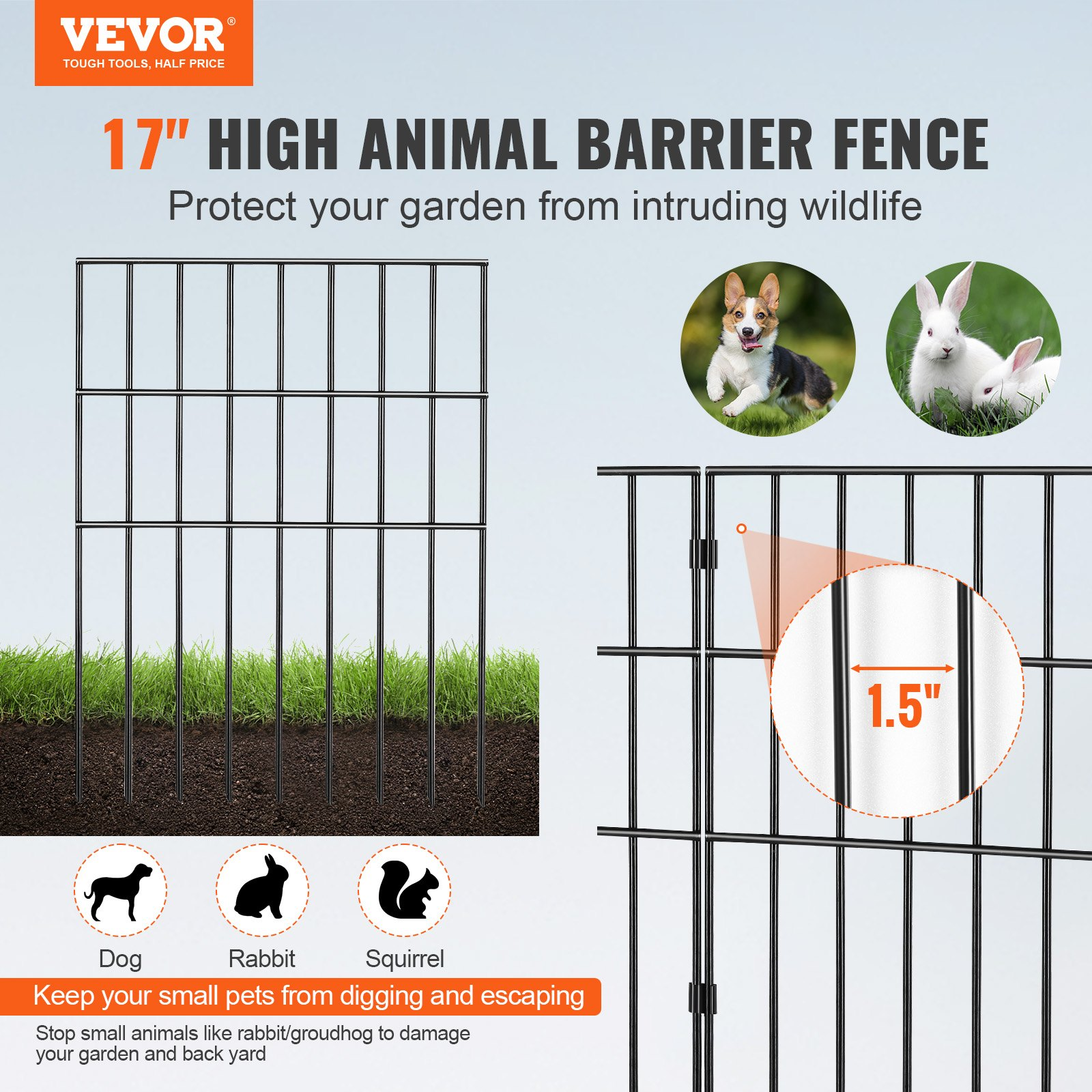 VEVOR Animal Barrier Fence 19 Pack, No Dig Fence 17in(H) x11ft(L), Underground Decorative Garden Fencing with 1.5 Inch Spike Spacing, Metal Dog Fence for The Yard and Outdoor Patio