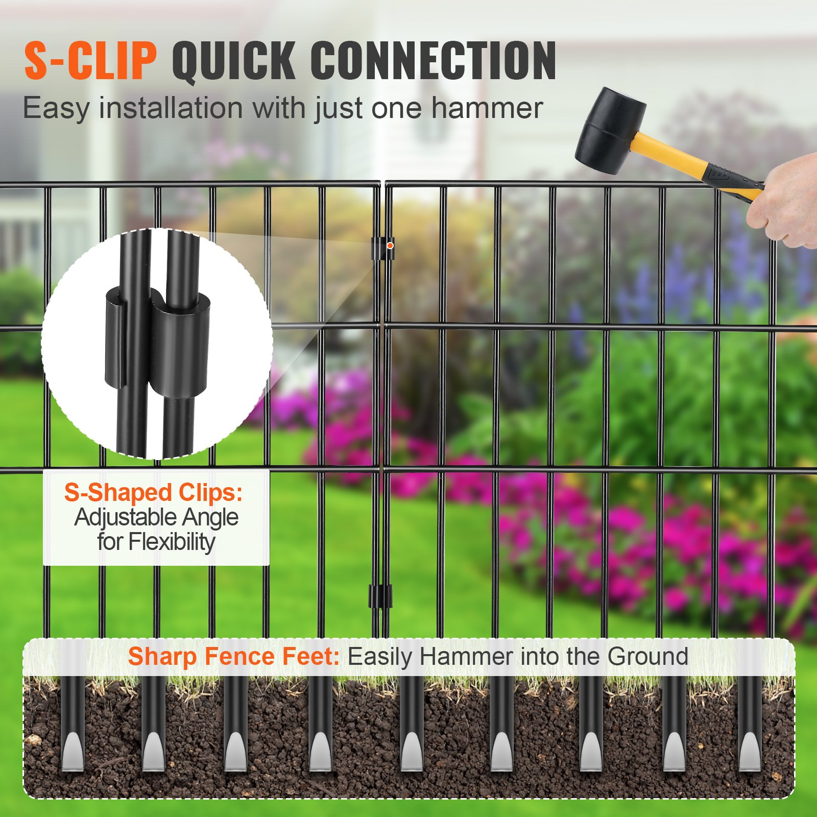 VEVOR Animal Barrier Fence 19 Pack, No Dig Fence 17in(H) x11ft(L), Underground Decorative Garden Fencing with 1.5 Inch Spike Spacing, Metal Dog Fence for The Yard and Outdoor Patio