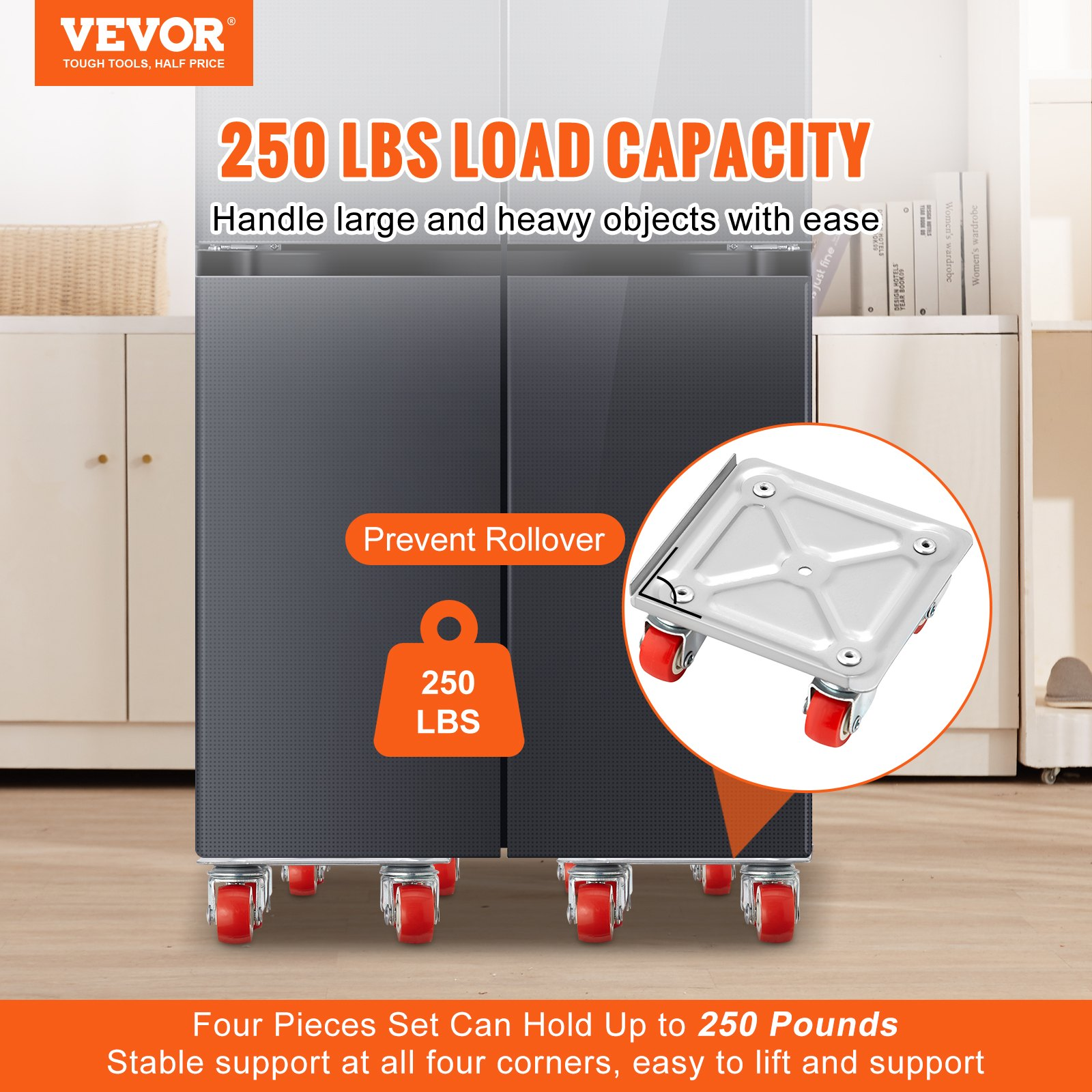 VEVOR Furniture Dolly, Furniture Moving Dollies with 360° PP Swivel Wheels & Carbon Steel Panel, 250 Lbs Capacity Furniture Lift Mover Tool Set for Moving Heavy Furniture Refrigerator Sofa