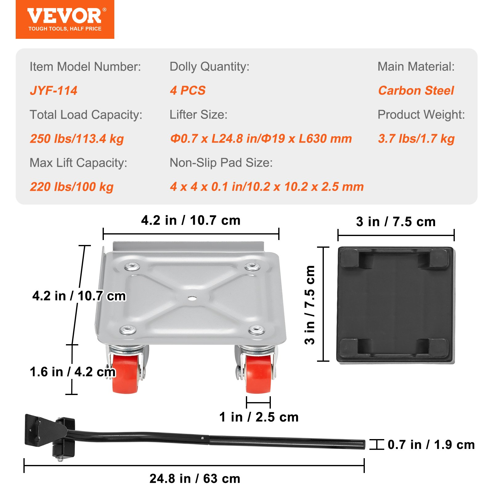 VEVOR Furniture Dolly, Furniture Moving Dollies with 360° PP Swivel Wheels & Carbon Steel Panel, 250 Lbs Capacity Furniture Lift Mover Tool Set for Moving Heavy Furniture Refrigerator Sofa