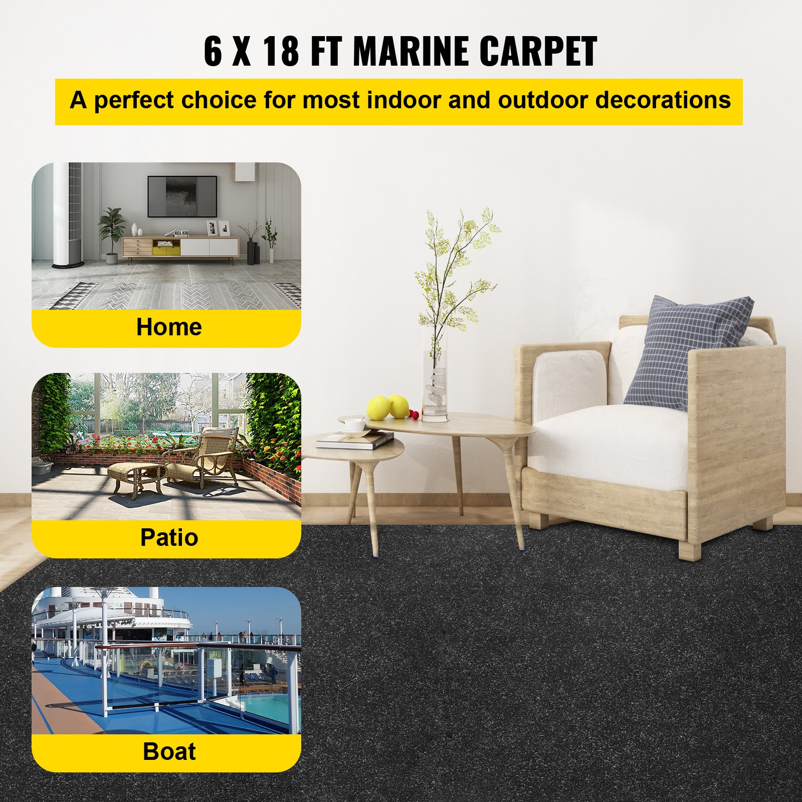 VEVOR Boat Carpet, 6 ft x 18 ft Marine Carpet for Boats, Waterproof Black Indoor Outdoor Carpet with Marine Backing Anti-Slide Marine Grade Boat Carpet Cuttable Easy to Clean Patio Rugs Deck Rug