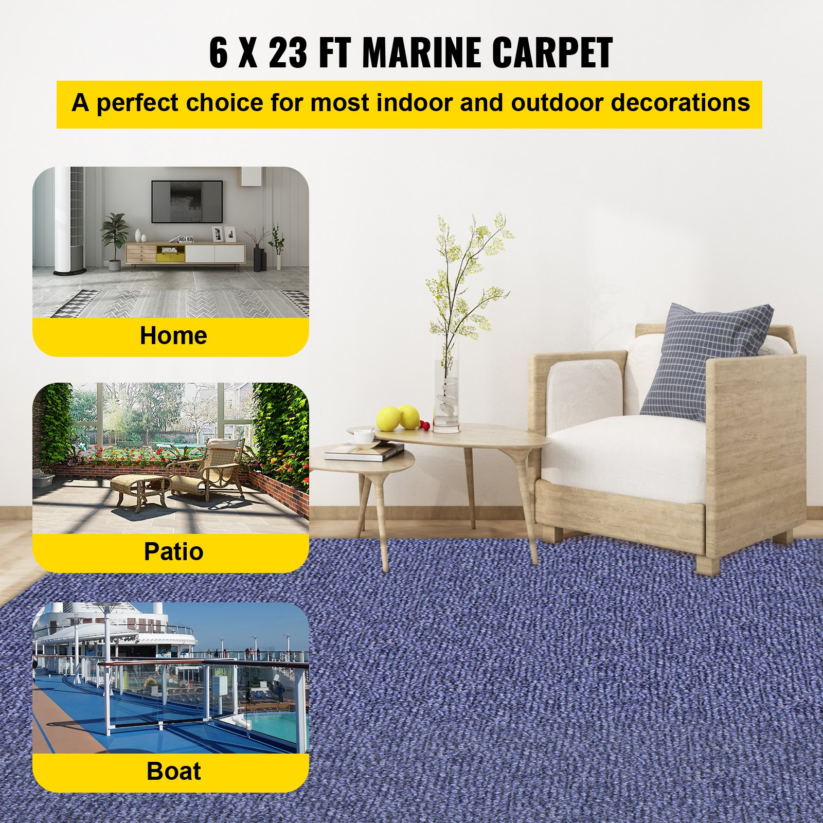 VEVOR Deep Blue Marine Carpet 6 ft x 23 ft Marine Carpeting Marine Grade Carpet for Boats with Waterproof Back Outdoor Rug for Patio Porch Deck Garage Outdoor Area Rug Runner Non-Slide Porch Rug