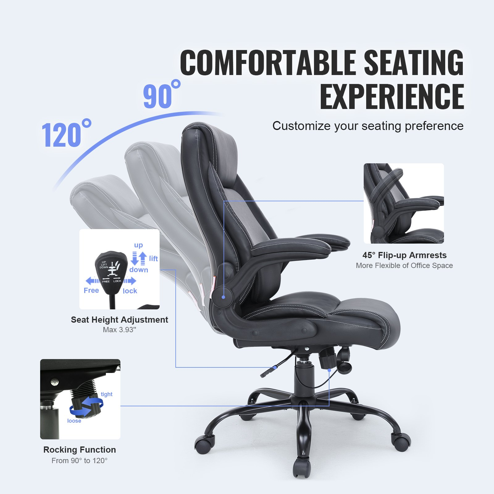 VEVOR Executive Office Chair with Cutting-edge Adjustable Lumbar Support, High Back PU Leather Office Chair Ergonomic for Back Pain, with Padded Flip-up Arms