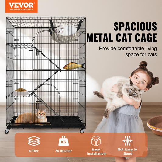 VEVOR Catio, 4-Tier Large Cat Cages Indoor, Detachable Metal Playpen Enclosure with 360° Rotating Casters, with 3 Ladders and a Hammock for 1-3 Cats, 35.4x23.6x51 inch