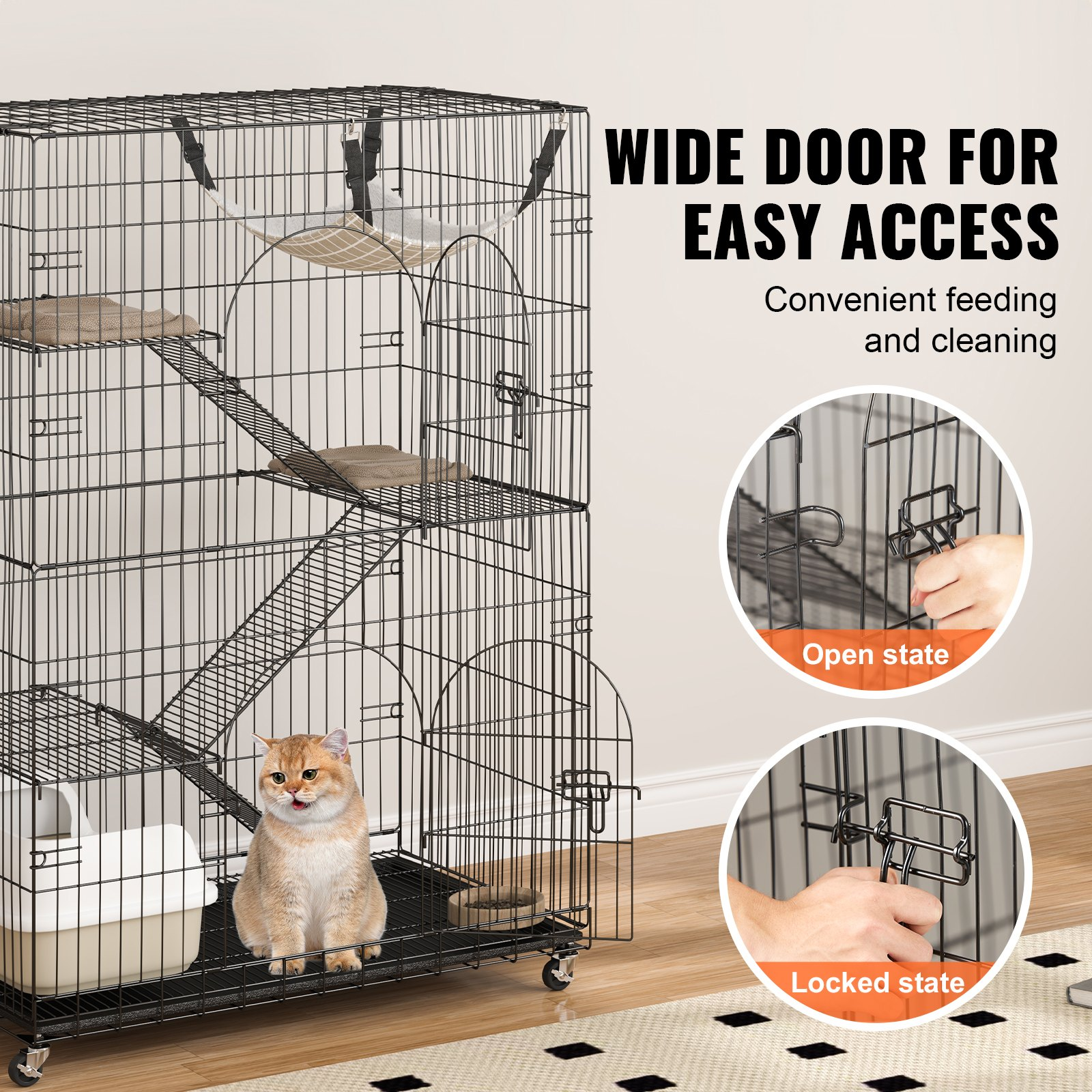 VEVOR Catio, 4-Tier Large Cat Cages Indoor, Detachable Metal Playpen Enclosure with 360° Rotating Casters, with 3 Ladders and a Hammock for 1-3 Cats, 35.4x23.6x51 inch