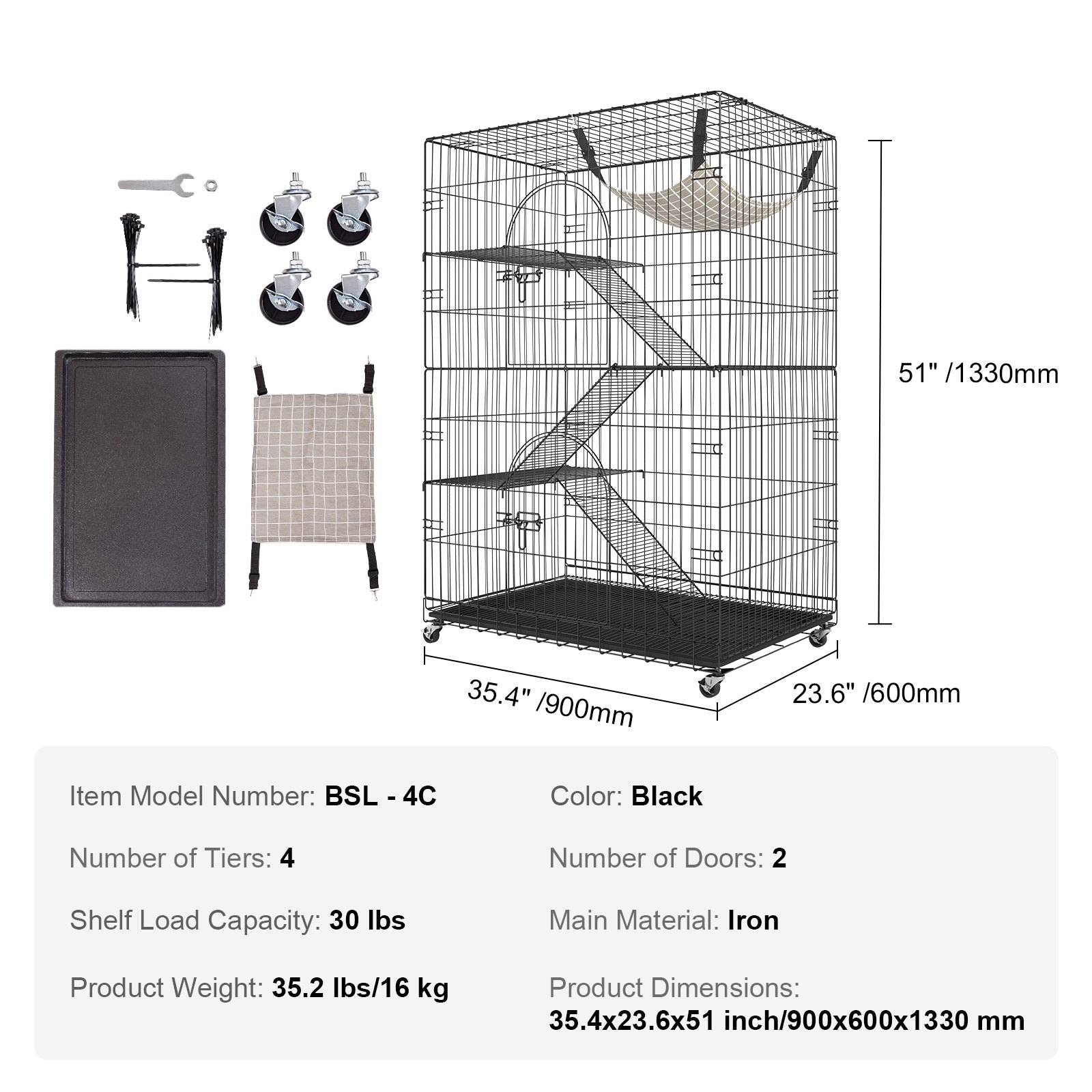 VEVOR Catio, 4-Tier Large Cat Cages Indoor, Detachable Metal Playpen Enclosure with 360° Rotating Casters, with 3 Ladders and a Hammock for 1-3 Cats, 35.4x23.6x51 inch