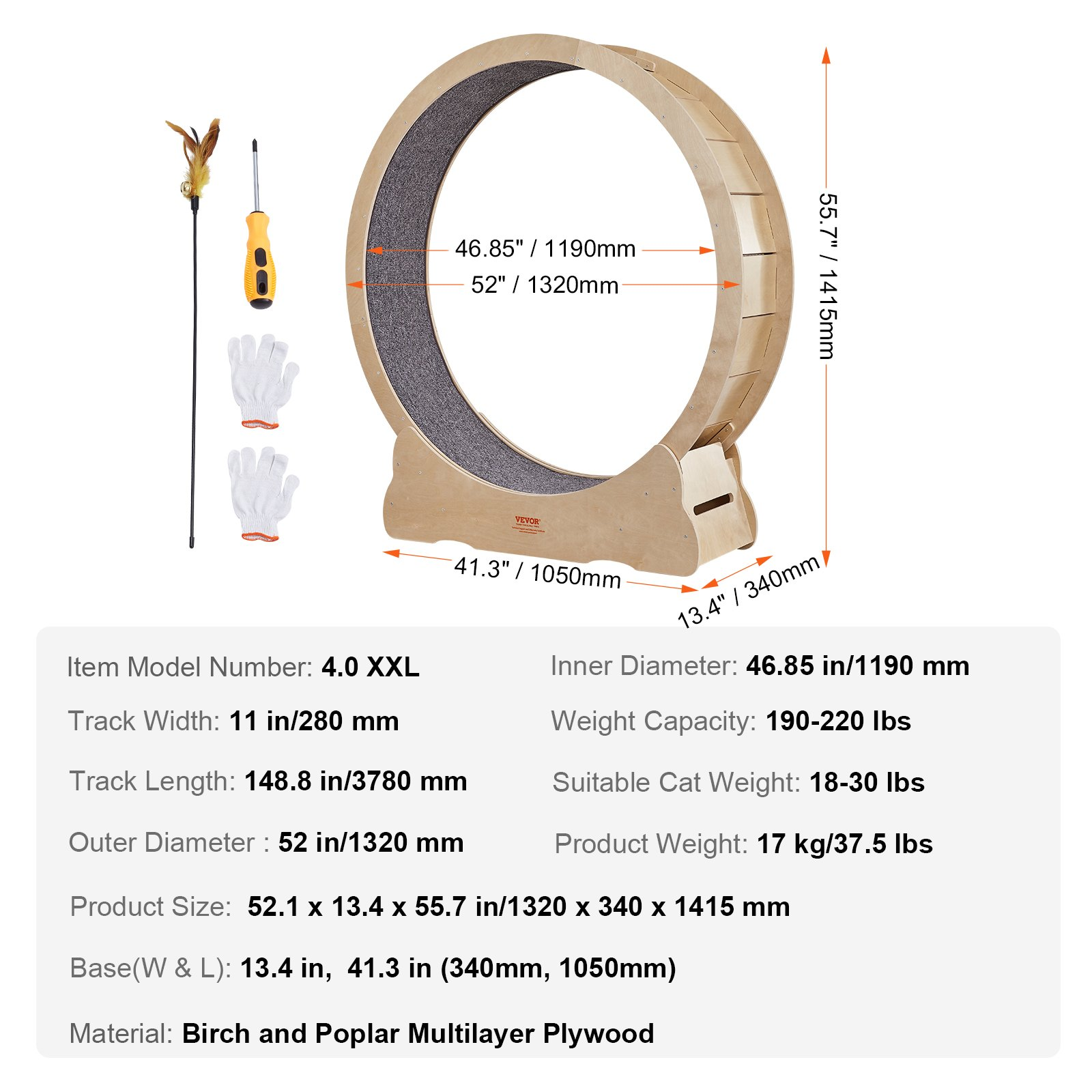 VEVOR Cat Exercise Wheel, Large Cat Treadmill Wheel for Indoor Cats, 52 inch Cat Running Wheel with Detachable Carpet and Cat Teaser for Running/Walking/Training, Suitable for Most Cats