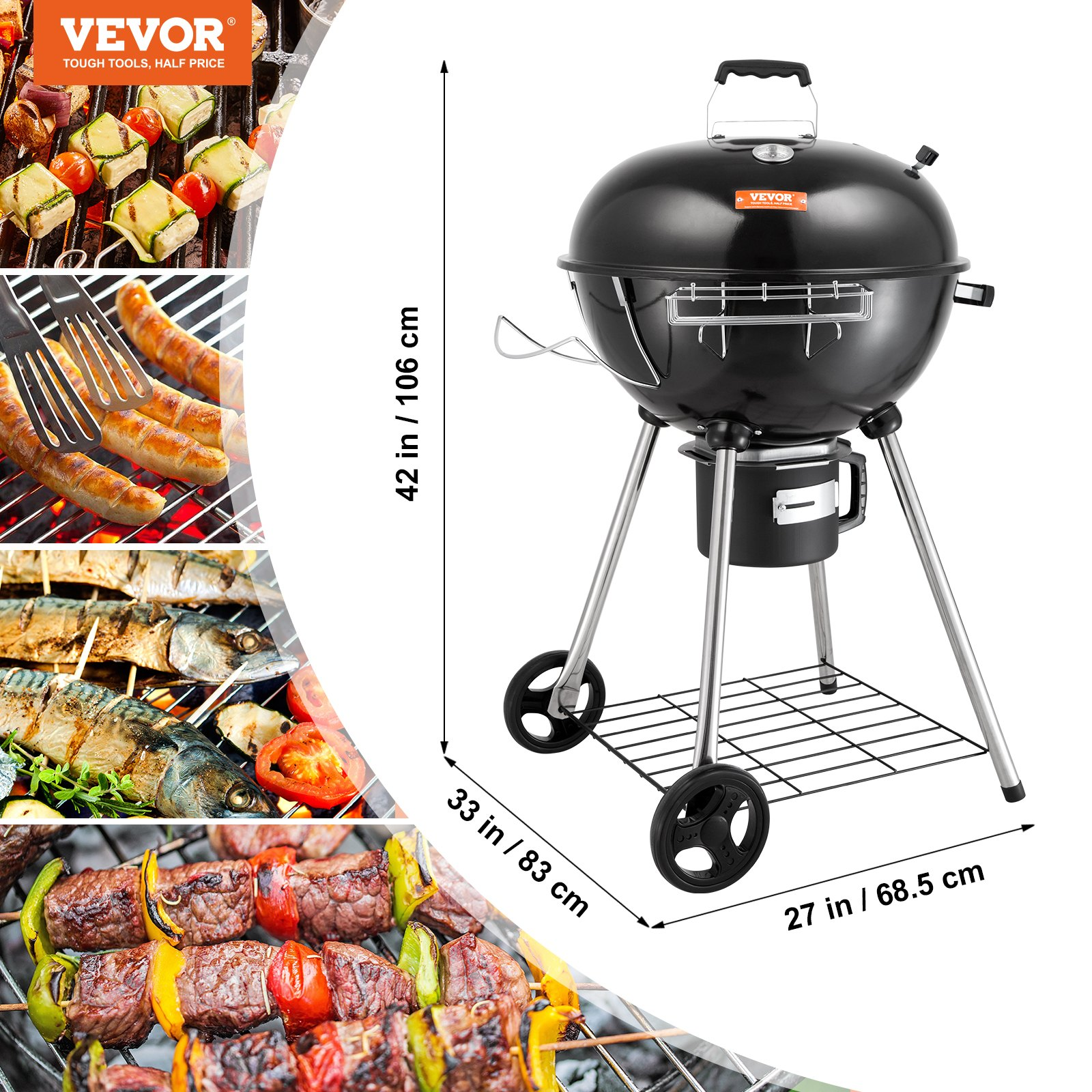 VEVOR 22" Kettle Charcoal Grill, Premium Kettle Grill with Wheels Grate and Cover, Porcelain-Enameled Lid and Firebowl with Slide Out Ash Catcher Thermometer for BBQ, Camping, Picnic, Patio and Backyard