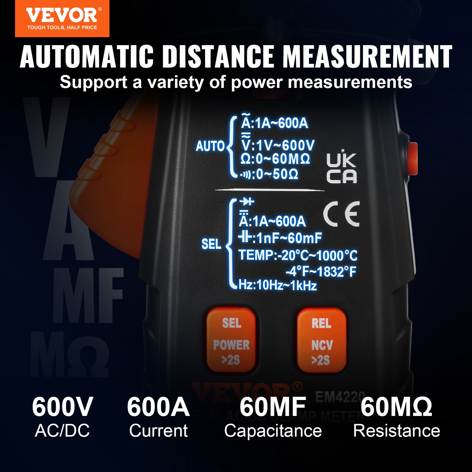 VEVOR Digital Clamp Meter T-RMS, 6000 Counts, 600A Clamp Multimeter Tester, Measures Current Voltage Resistance Diodes Continuity Data Retention, NCV for Home Appliance, Railway Industry Maintenance