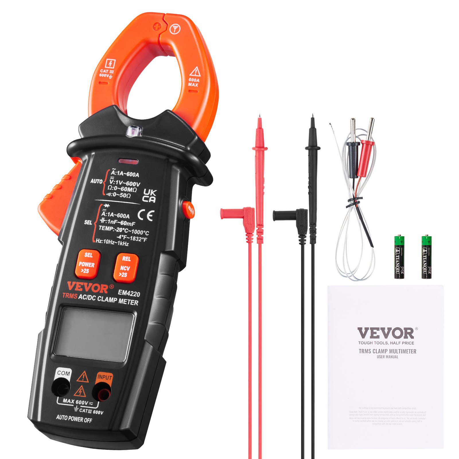 VEVOR Digital Clamp Meter T-RMS, 6000 Counts, 600A Clamp Multimeter Tester, Measures Current Voltage Resistance Diodes Continuity Data Retention, NCV for Home Appliance, Railway Industry Maintenance