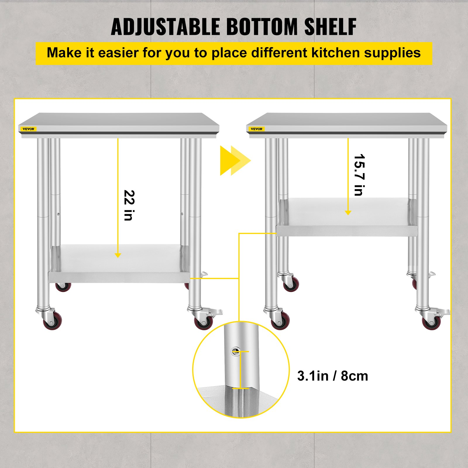 VEVOR Stainless Steel Work Table with Wheels 24 x 30 Prep Table with casters Heavy Duty Work Table for Commercial Kitchen Restaurant Business (24 x 30 x 33.8 Inch)