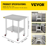 VEVOR Stainless Steel Work Table with Wheels 24 x 30 Prep Table with casters Heavy Duty Work Table for Commercial Kitchen Restaurant Business (24 x 30 x 33.8 Inch)