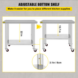 VEVOR Stainless Steel Work Table 36x24 Inch with 4 Wheels Commercial Food Prep Worktable with Casters Heavy Duty Work Table for Commercial Kitchen Restaurant